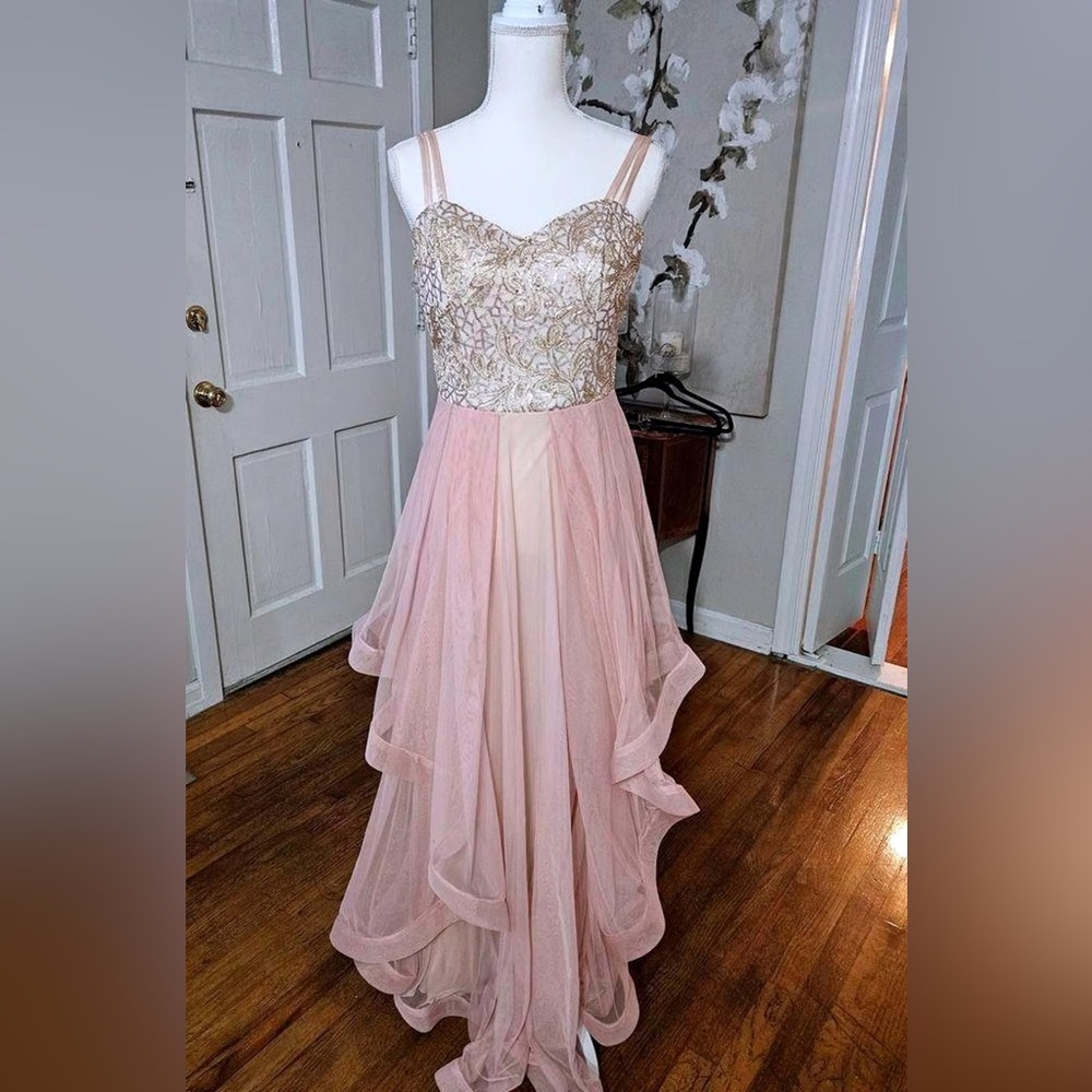 Speechless Blush and Gold Embellished Prom Gown